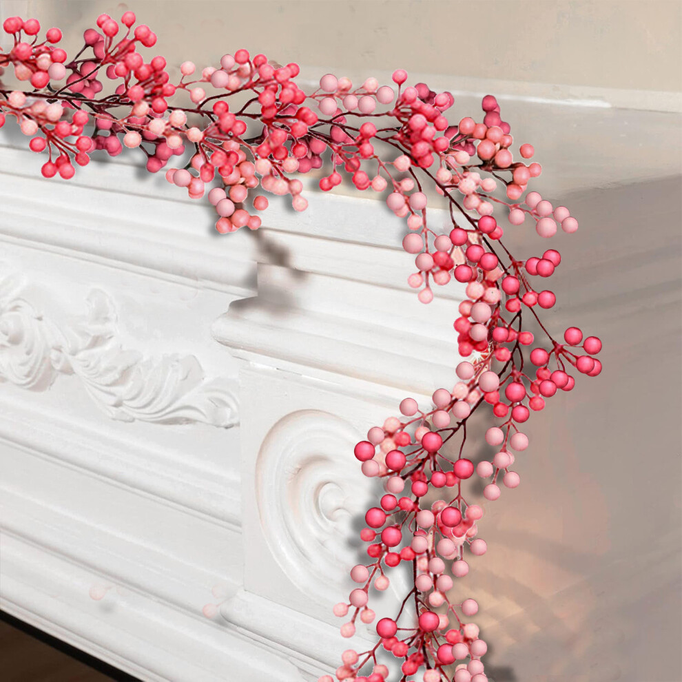 (Pink) Christmas Artificial Decorative Rattan Holiday Hanging Garlands Faux Christmas With Red Berries For Stairs Wall Fireplace Mantel Indoor Outdoor