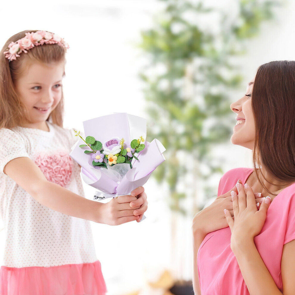 (Purple) Hand-knitted Woolen Flower Bouquet Finished Product Rose Bouquet Mother's Day Gift With A Transparent Bag-image-OPC-PJTFM7W-NEW