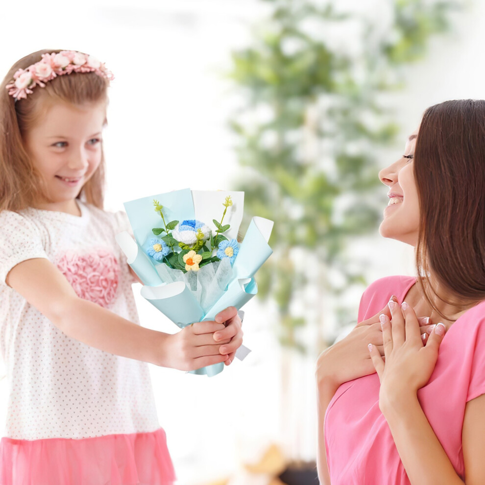(Blue) Hand-knitted Woolen Flower Bouquet Finished Product Rose Bouquet Mother's Day Gift With A Transparent Bag-image-OPC-PJTFM7X-NEW