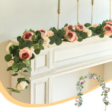 (Green) 5.3Ft Artificial Flower Garland With Roses Fake Rose Flower Garland Floral Vines For Wedding Home Party Table Runner Artificial Flower Vines Fake Silk