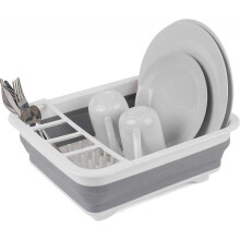 Grey Collapsible Dish Drainer with Cutlery Divider, Perfect for Homeowners or Camping, Break Resistant, Space Saving Design