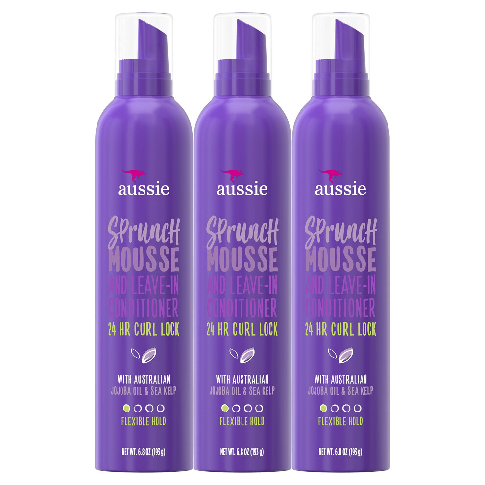 Aussie Leave In Conditioner & Mousse, With Jojoba & Sea Kelp, Sprunch, For Curly Hair, 6.8 Fl Oz, Triple Pack