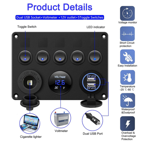 5 Gang Switch Panel, 12V/24V Inline Fuse Box LED Switch Panel 2