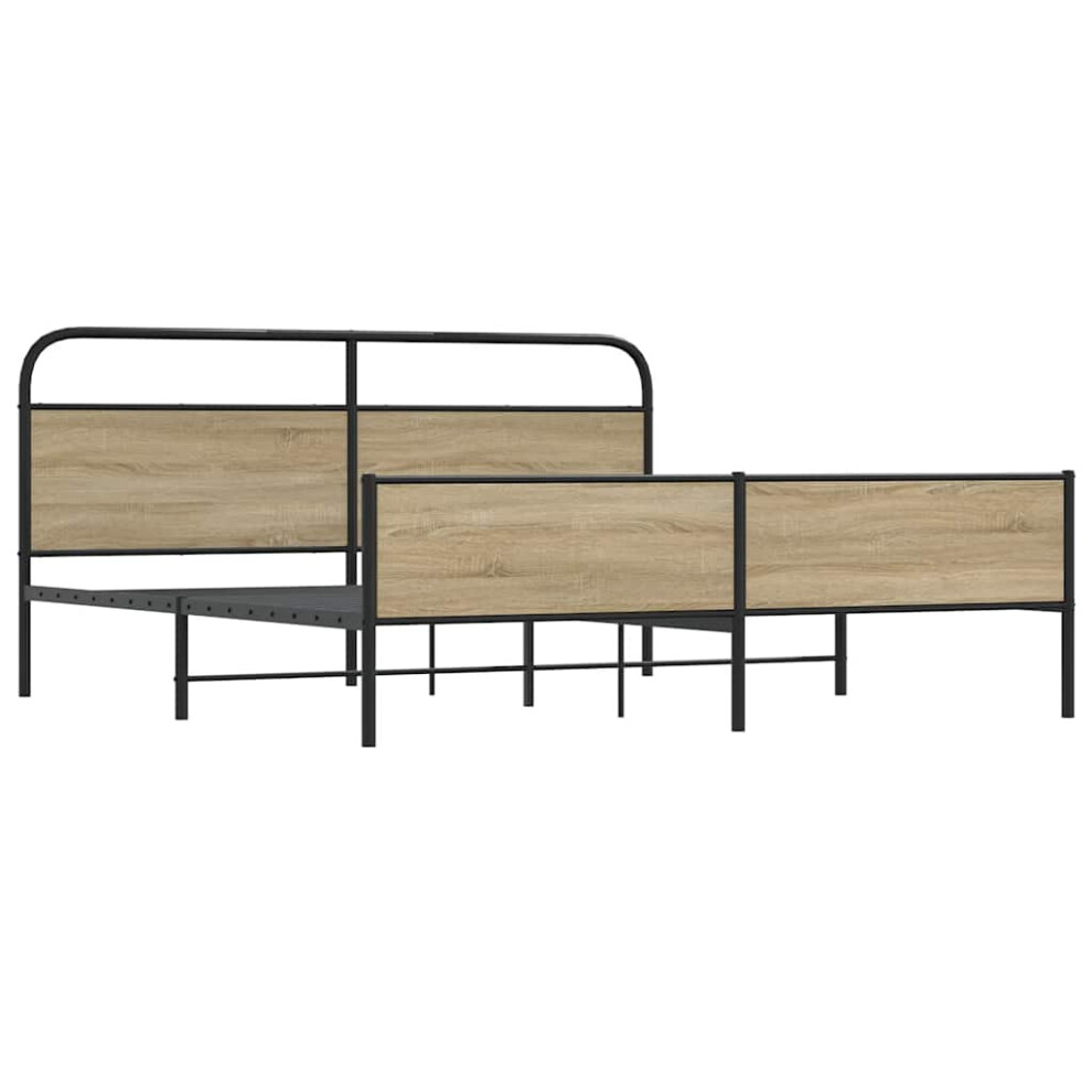 Vidaxl (Smoked Oak With Headboard & High Footboard, 193 X 203 Cm) Metal Bed Frame Without Mattress Bed Base Bedstead Mattress Foundation