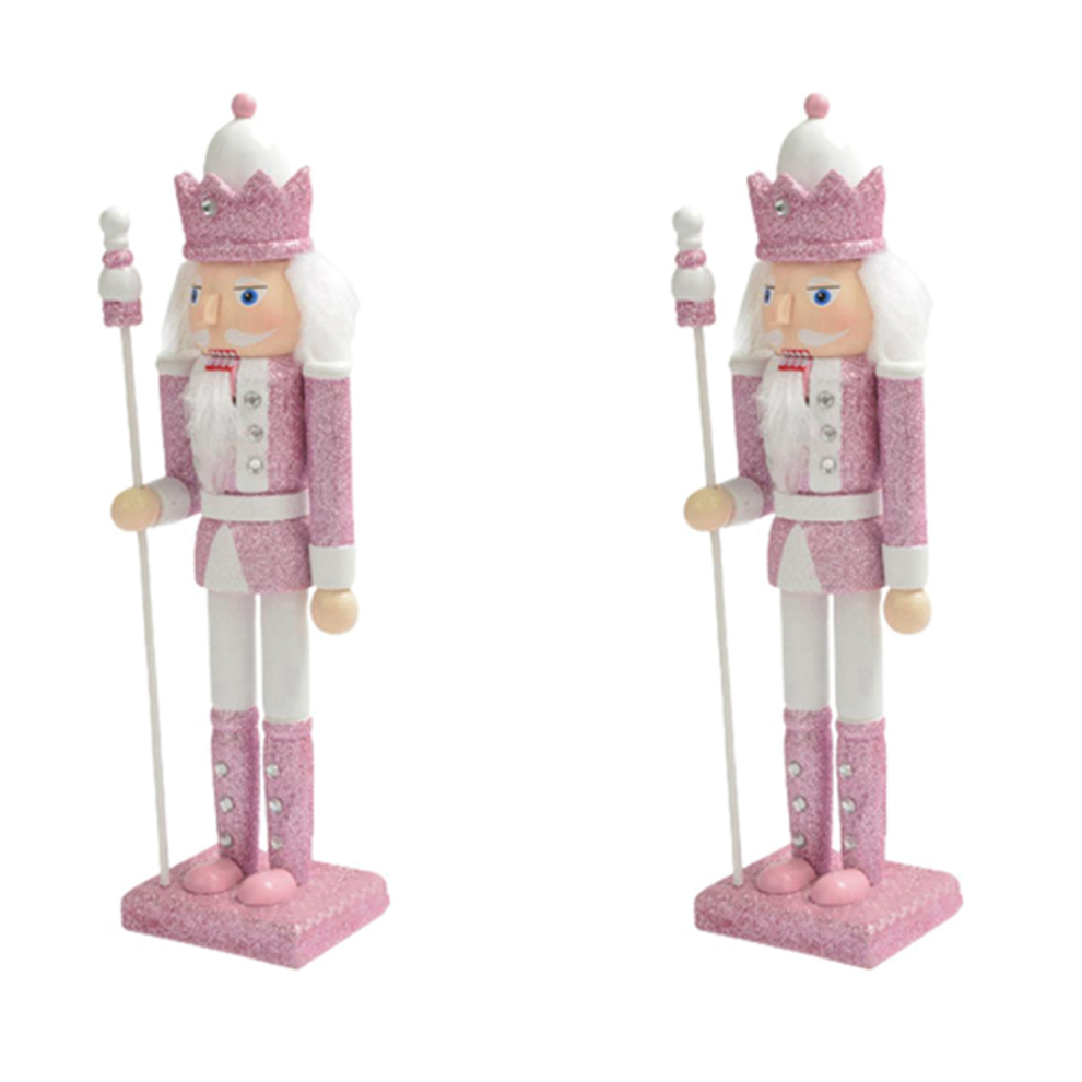 Tlily 2Pcs 30Cm Pink Wooden Nutcracker Figurine Hair Rhinestone Inlaid Puppet Doll Toy Ornament