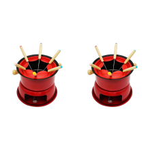 Rode mini fonduepanset van roestvrij staal, kaas en chocolade