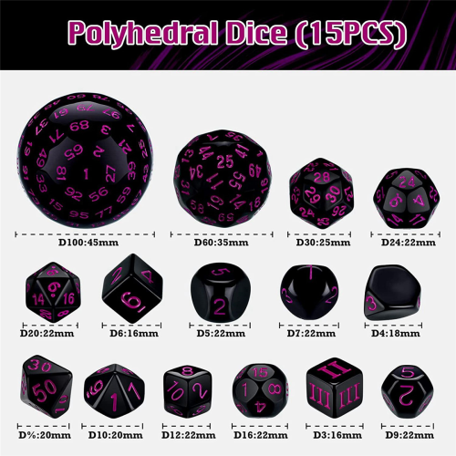 15Pieces Complete Polyhedral DND Dice Set D3-D100 for Table Games 2