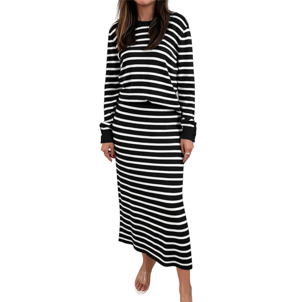 Dames Gestreepte Trui Midi-Jurkpakken Zwart & Wit S-image