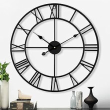 Large Vintage Style Round Silent Black Wall Clock Free Extra Set Gold Clock Hands Metal Clock for Loft Living Room Bedroom Kitchen Decoration (Black)