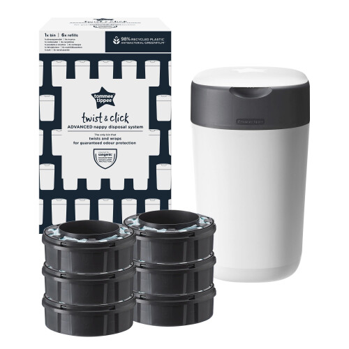 Tommee Tippee Tommee Tippee Twist and Click Nappy Bin Starter Set, 6x Refi 1