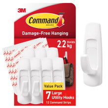 Command Large Utility Hook, Pack of 7 Hooks and 12 Adhesive Strips, White -