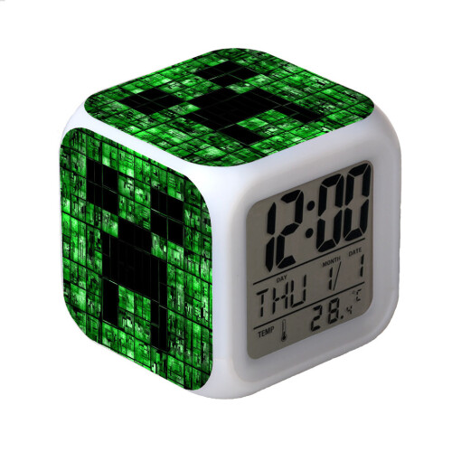 (Style C) Clock Alarm Minecraft Led Night Light Colourful Decoration Changing Desktop