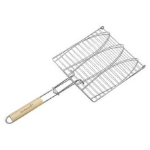 Fish Grill for 3 Fish Chrome-Plated Grate with Rounded Wooden Handle, 28 x 28 cm Size, Durable Design