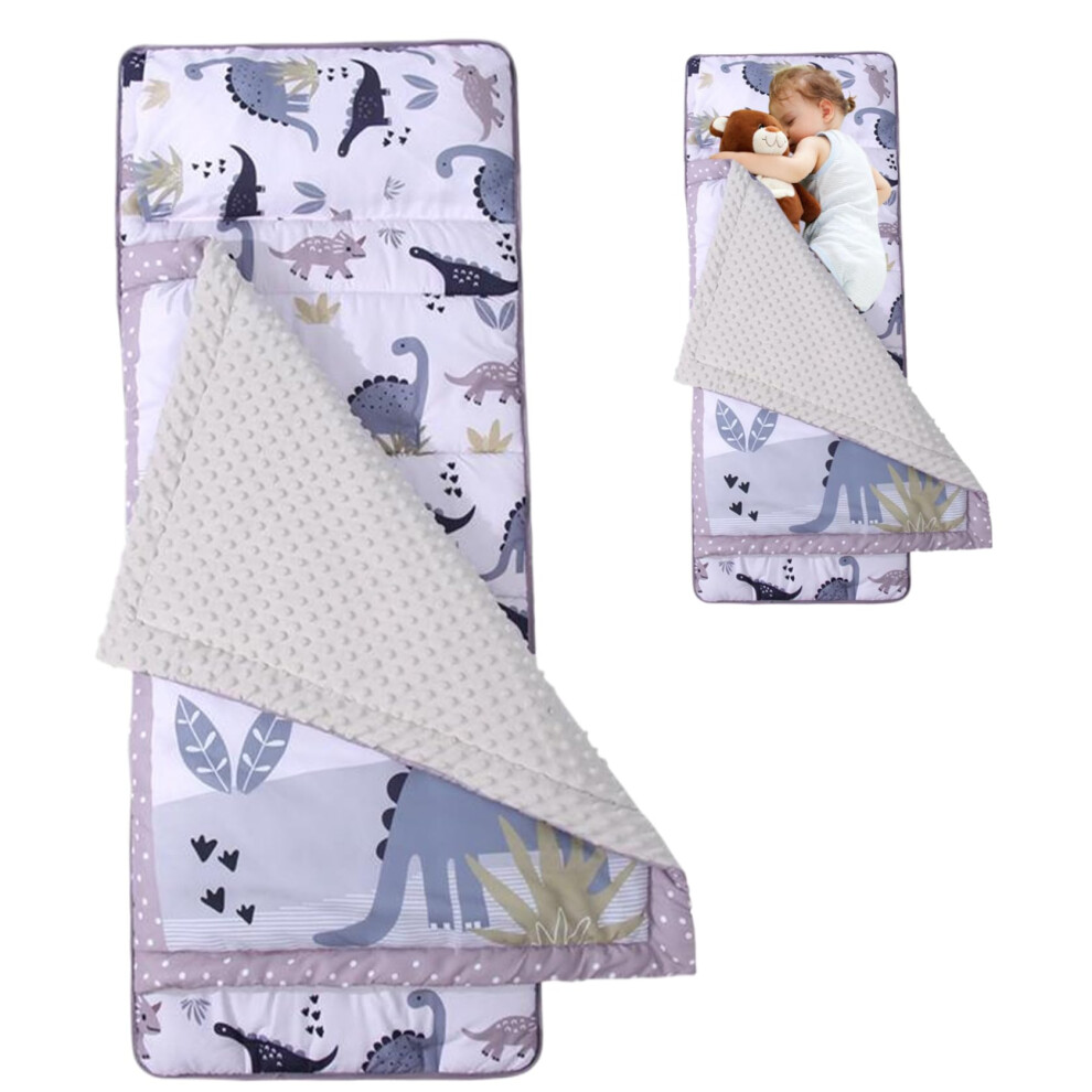 Toddler Nap Mat with Pillow and Blanket, Portable Travel Sleeping Bag, Anti Kick Thermal Roll-Up Mat, Dinosaurs Design