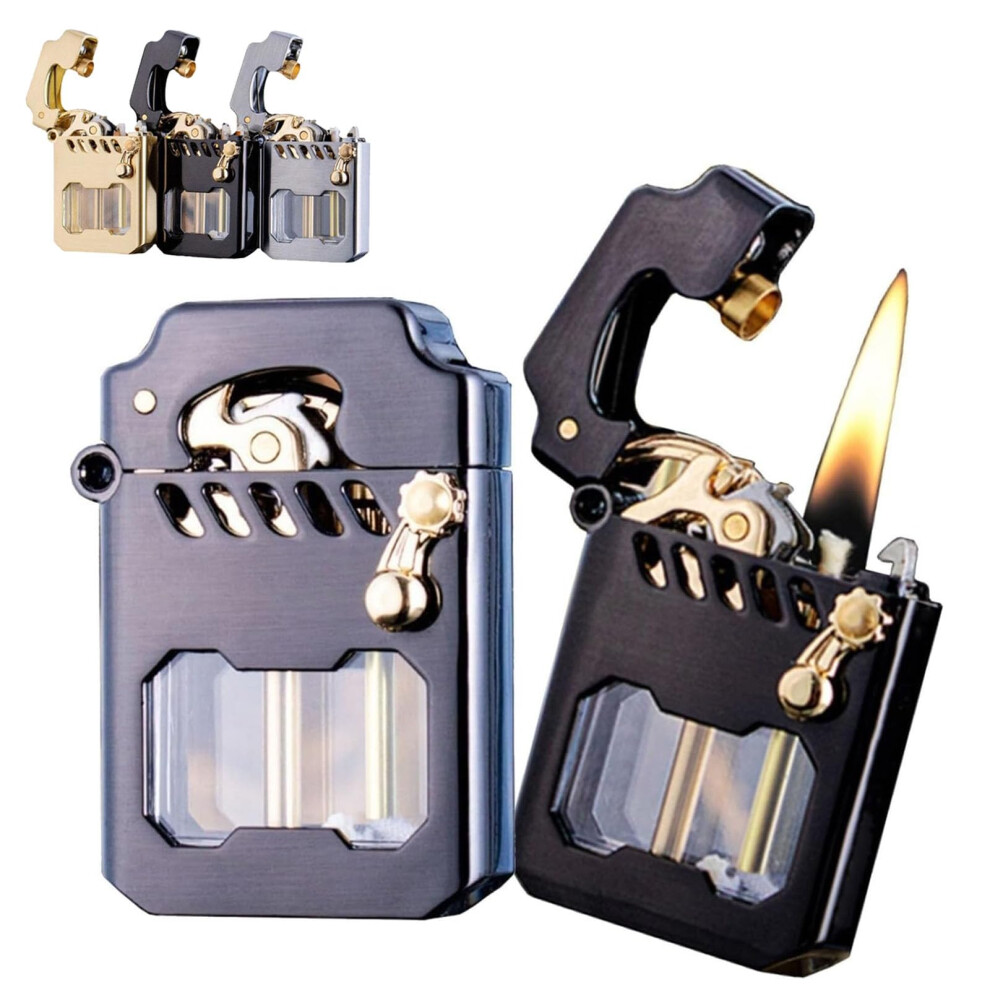Mecha Metal Rocker Lighter, Retro Windproof Kerosene Lighter, Refillable Transparent Petrol Lighter For Camping And Travel Black