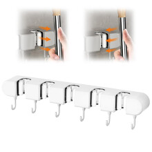 Broom Holder Wall Self-Adhesive Organizer with 5 Holders and 6 Hooks for Home Kitchen Garage Garden, White