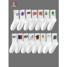 (Off White, EU40-43) Unisex's 5 Pairs Random Print Crew Socks, National Day Offers, Casual Moisture Wicking Socks, Soft Comfy Breathable Socks for All Seasons