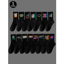(Black, EU40-43) Unisex's 5 Pairs Random Print Crew Socks, National Day Offers, Casual Moisture Wicking Socks, Soft Comfy Breathable Socks for All Seasons