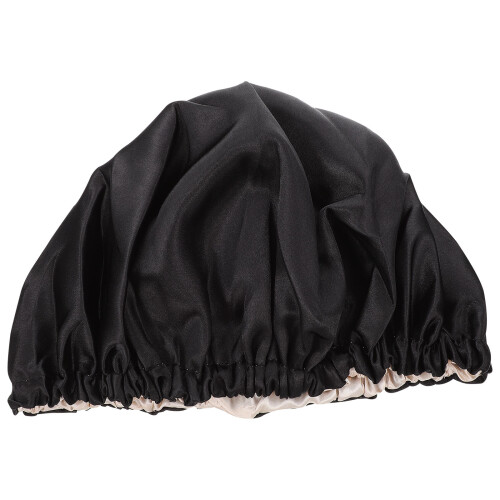 Black Elastic Shower Hat Soft Polyester Night Sleeping Hair Bonnet