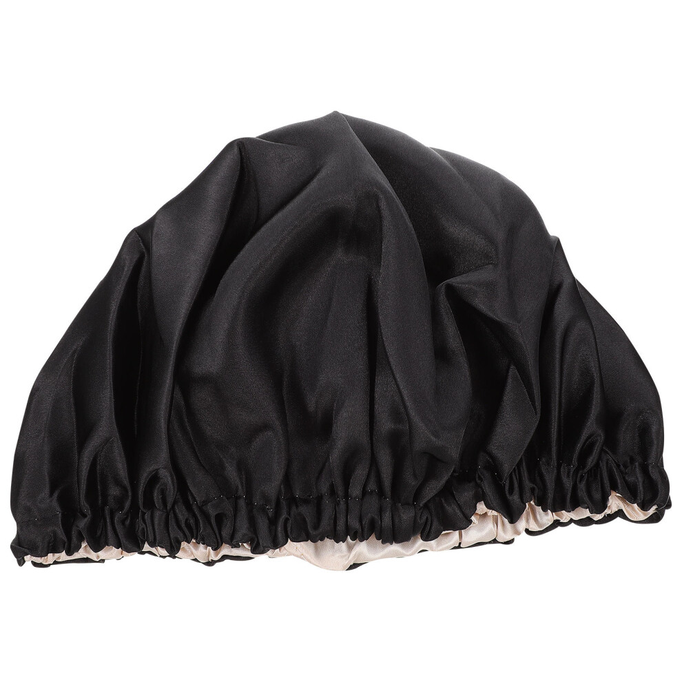 Elastic Shower Hat Soft Polyester Night Sleeping Hair Bonnet Black Happyyami