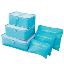 (Sky Blue)6pcs/Set Travel Luggage Packing Cubes Suitcase Clothes Storage Bag Organiser Foldable Clothing Organizer Shoes Underwear Pouch