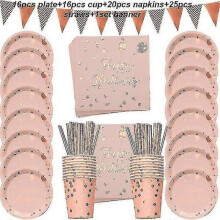 78-piece rose gold party set: disposable plates, cups, and straws.