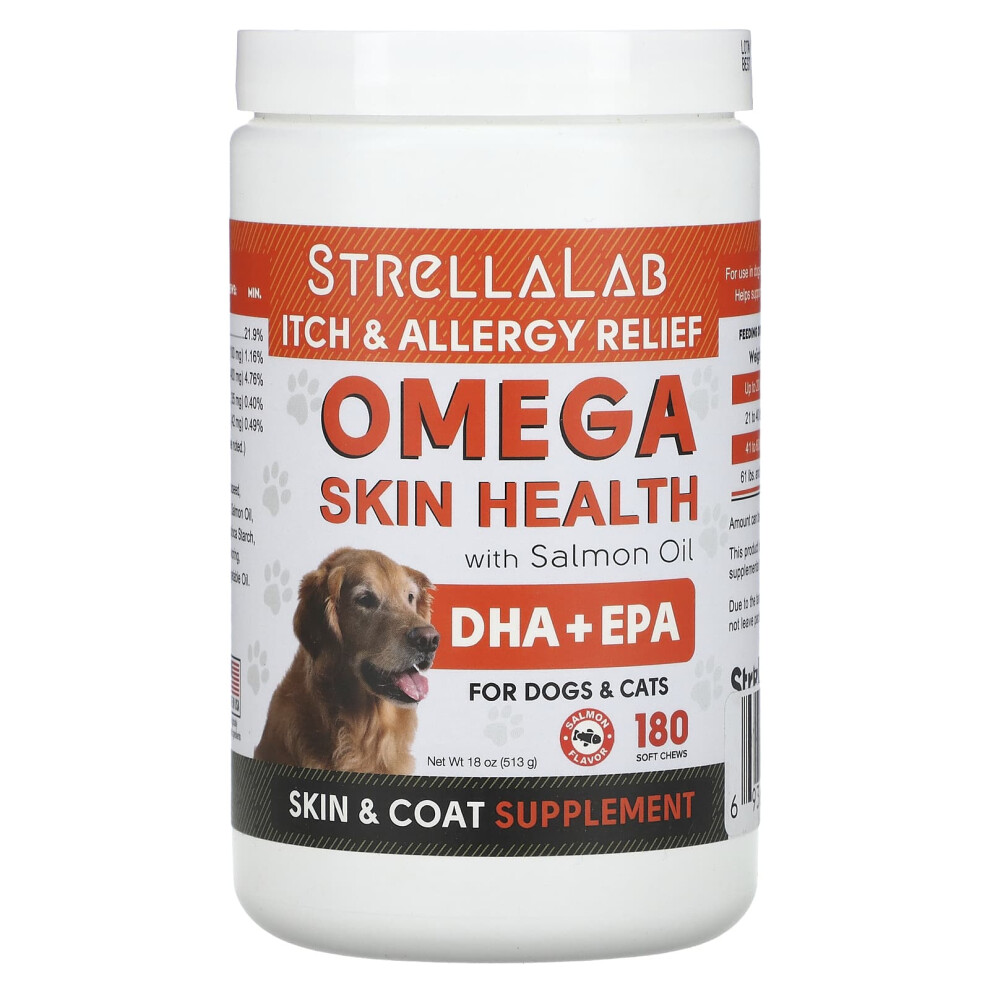 Strellalab , Omega Skin Health With Salmon Oil, For Dogs & Cats, Salmon, 180 Soft Chews, 18 Oz (513 G)