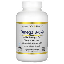California Gold Nutrition, Omega 3-6-9 Fischöl mit Borretschöl, Norwegisches Triglycerid, Natürlich Zitrone, 180 Softgels