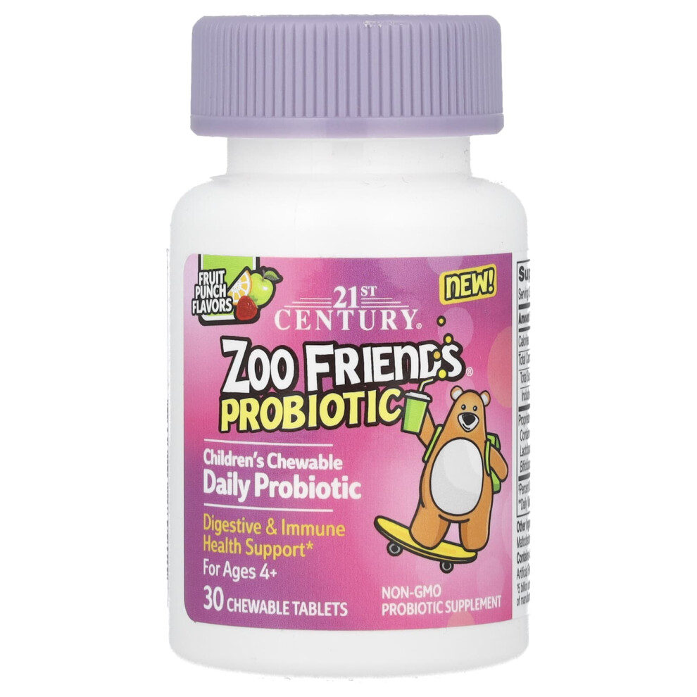 21St Century , Zoo Friends, Children's Chewable Probiotic, Age 4+, Fruit Punch, 30 Chewable Tablets
