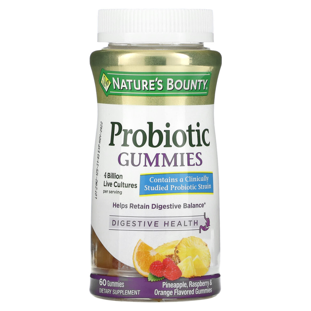 Nature's Bounty Orange Probiotic Gummies, Pineapple, Raspberry & 4 Billion, 60 Gummies