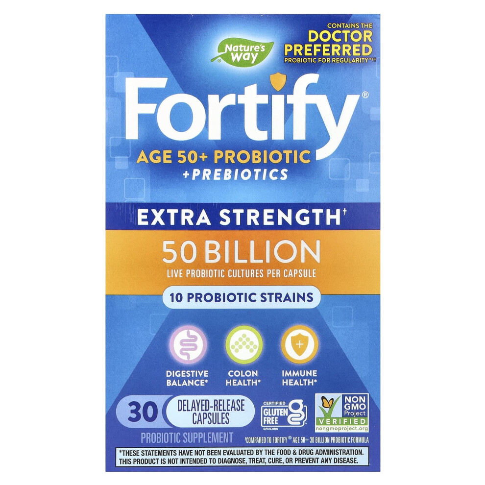 Nature's Way , Fortify, Ages 50+ Probiotic + Prebiotics, Extra Strength 50 Billion, 30 Delayed-Release Capsules