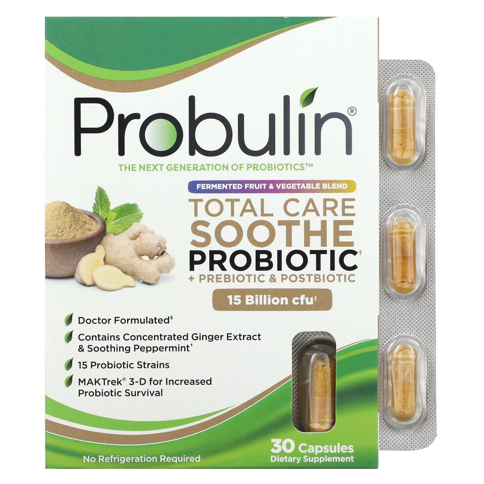 Probulin , Total Care Soothe Probiotic + Prebiotic & Postbiotic, 15 Billion Cfu, 30 Capsules