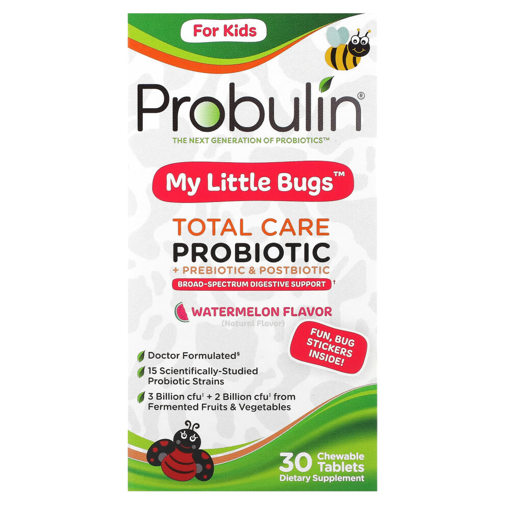 Probulin , For Kids, My Little Bugs, Total Care Probiotic + Prebiotic & Postbiotic, Watermelon, 30 Chewable Tablets