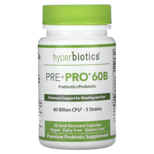 Hyperbiotics, Pre + Pro 60B, 60 Miljard CFU, 30 Acid-Resistent Kapsules