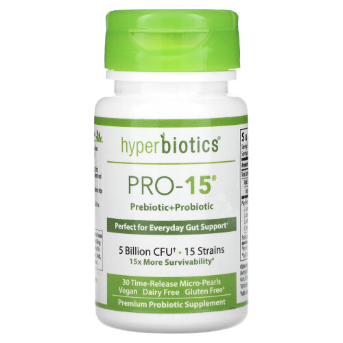 Hyperbiotics, Pro-15, Prebiotisk + Probiotisk, 5 Billion CFU, 30 Time-Release Micro-Pearls