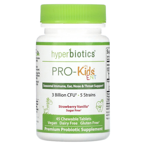 Hyperbiotics, PRO-Kids ENT, Sem Açúcar, Morango e Baunilha, 3 Bilhões de CFU, 45 Comprimidos Bocais