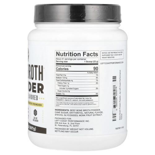 Left Coast Performance, Poudre de Bouillon d'Os, Vanille, 2 lb (907 g) 1