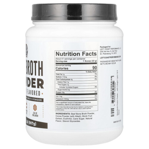 Left Coast Performance, Poudre de Bouillon d'Os, Chocolat, 2 lb (907 g) 1