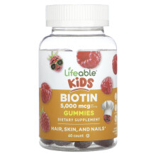 Lifeable, Kinder Biotin Gummis, Natürliche Himbeere, 5.000 mcg, 60 Gummis (2.500 mcg pro Gummibärchen)