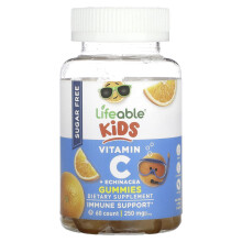 Lifeable, Gommes Vitamine C + Échinacée pour Enfants, Sans Sucre, Saveur Agrumes Naturelle, 250 mg, 60 Gommes (125 mg par Gomme)