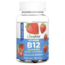 Lifeable, Vitamin B12 Gummis, Zuckerfrei, Natürliche Erdbeere, 1.000 mcg, 60 Gummis (500 mcg pro Gummibärchen)
