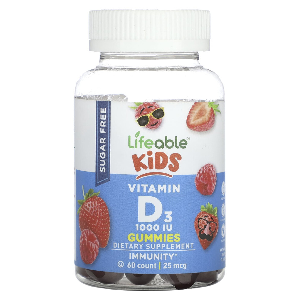 Lifeable , Kids Vitamin D3 Gummies, Sugar Free, Natural Berry, 25 Mcg (1,000 Iu), 60 Gummies