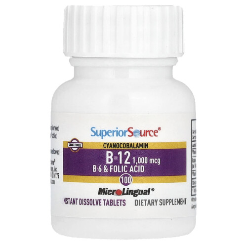 Superior Source, Cyanocobalamine B-12, B-6 & Acide Folique, 100 Comprimés MicroLingual à Dissolution Instantanée 1