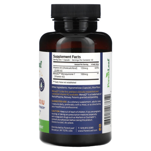 Forest Leaf, K2 + D3, 100 mcg (5 000 UI), 60 Capsules Végétales 1