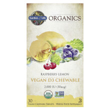 Garden of Life, Organics, Vegan D3, Himbeer-Zitrone, 50 mcg (2.000 IE), 30 vegane Kautabletten