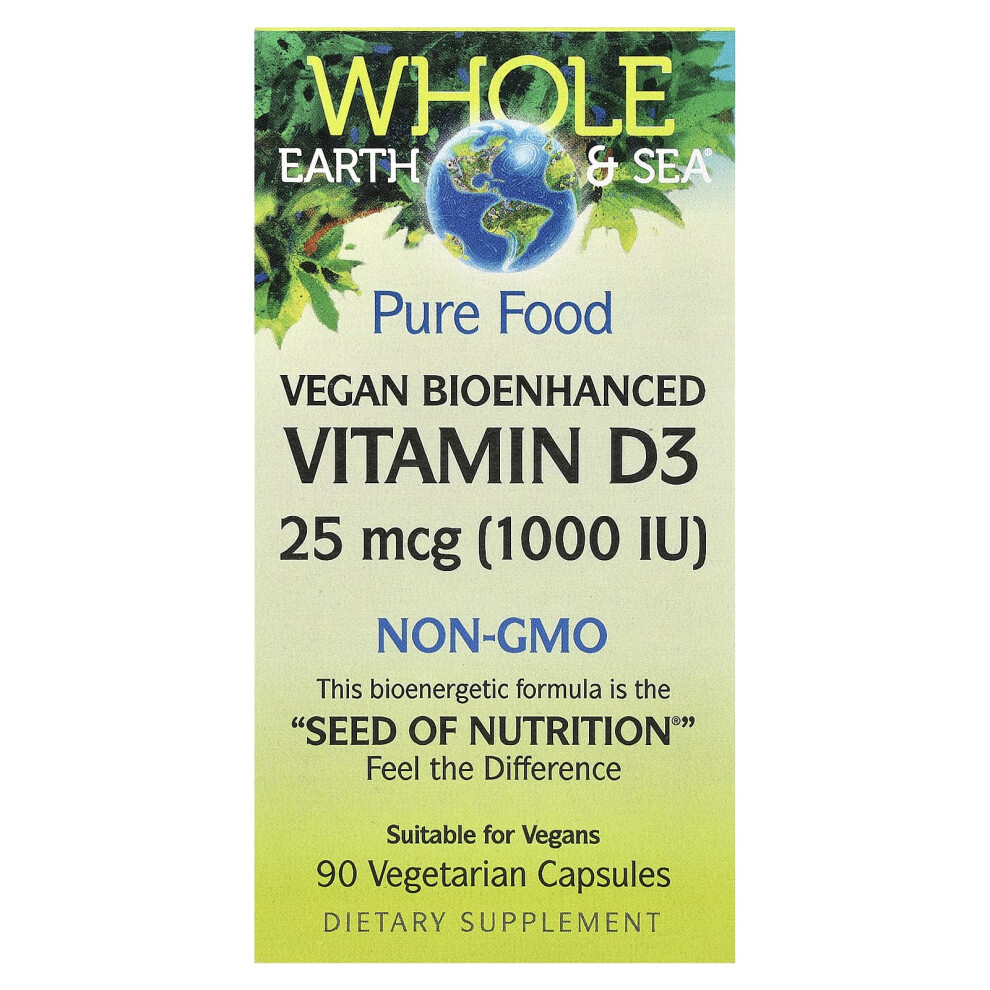 Natural Factors , Whole Earth & Sea, Vegan Bioenhanced Vitamin D3, 25 Mcg (1,000 Iu), 90 Vegetarian Capsules