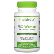 Hyperbiotics, PRO-Mulheres com D-Mannose + Mirtilo, Sem Sabor, 5 Bilhões CFU, 30 Comprimidos de Liberação Controlada