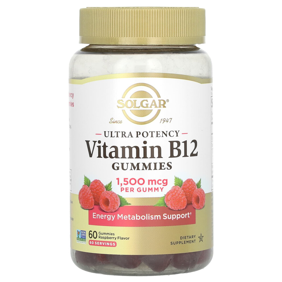 Solgar , Ultra Potency Vitamin B12 Gummies, Raspberry, 1,500 Mcg, 60 Gummies