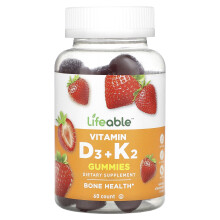 Lifeable, Gommes Vitamine D3 + K2, Fraise Naturelle, 60 Gommes