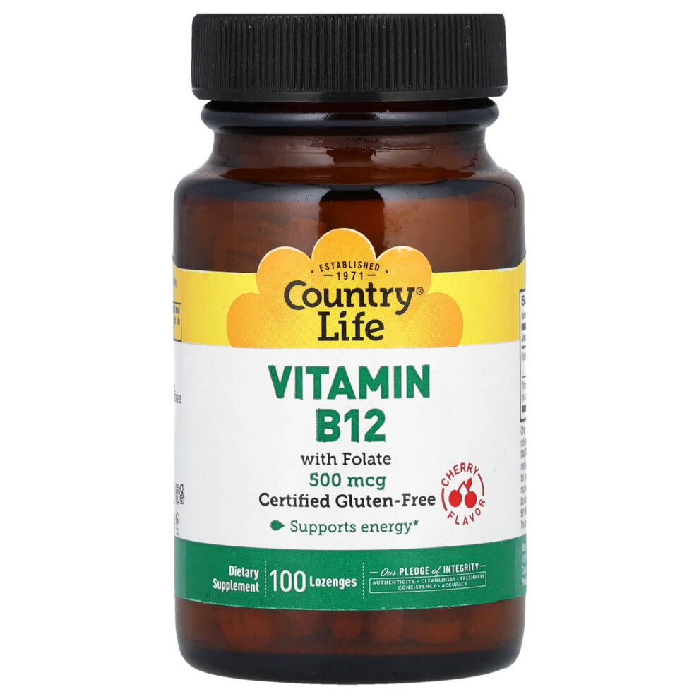 Country Life , Vitamin B12 With Folate, Cherry, 100 Lozenges